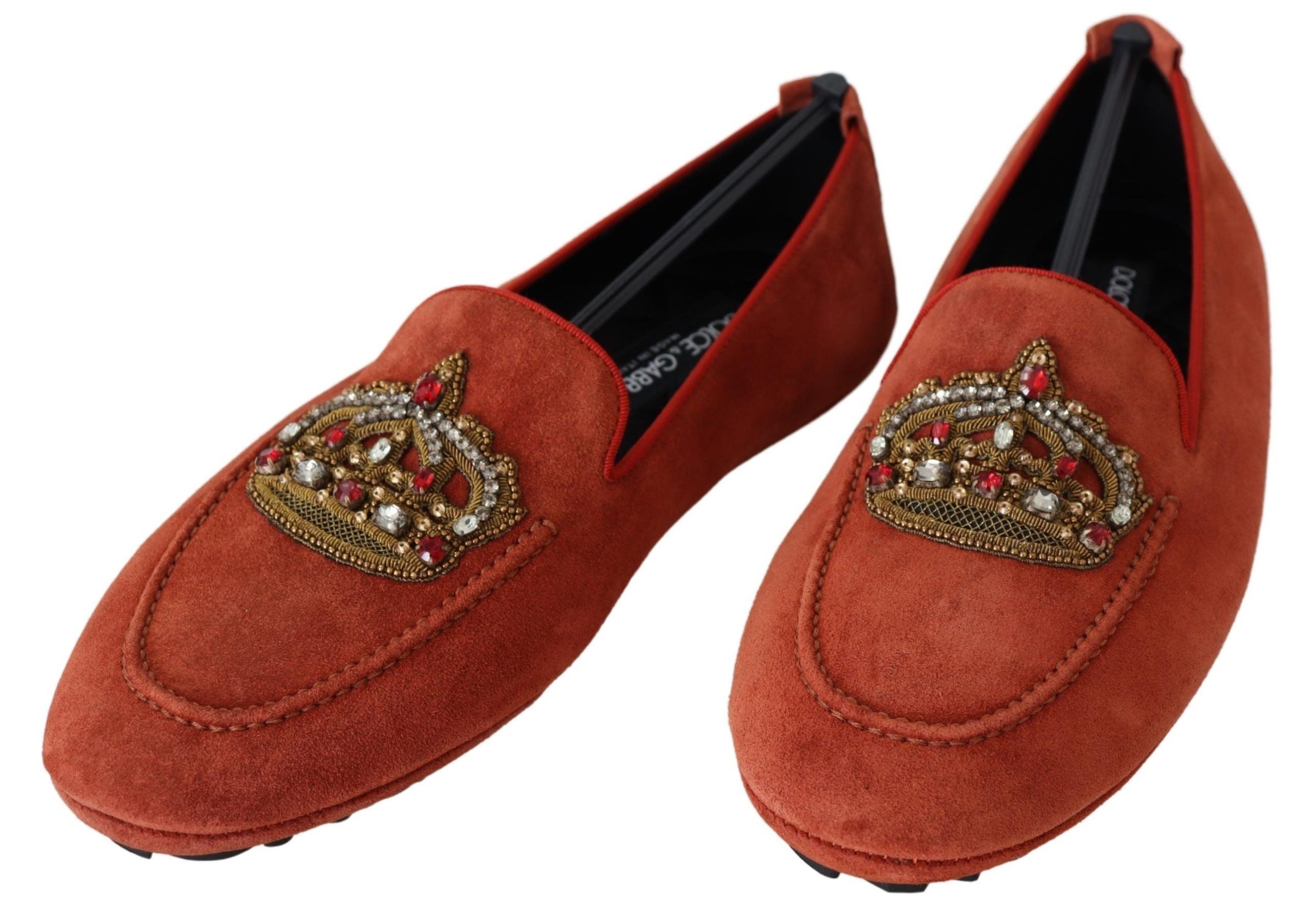 Dolce & Gabbana Opulent Orange Leather Loafers with Gold Embroidery