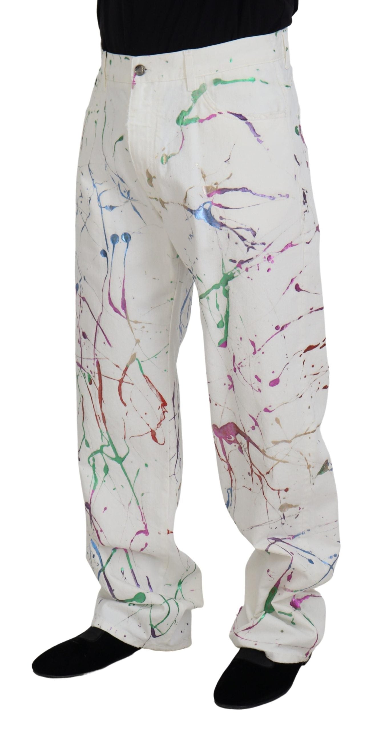 Dolce & Gabbana Chic White Splash Print Denim Pants