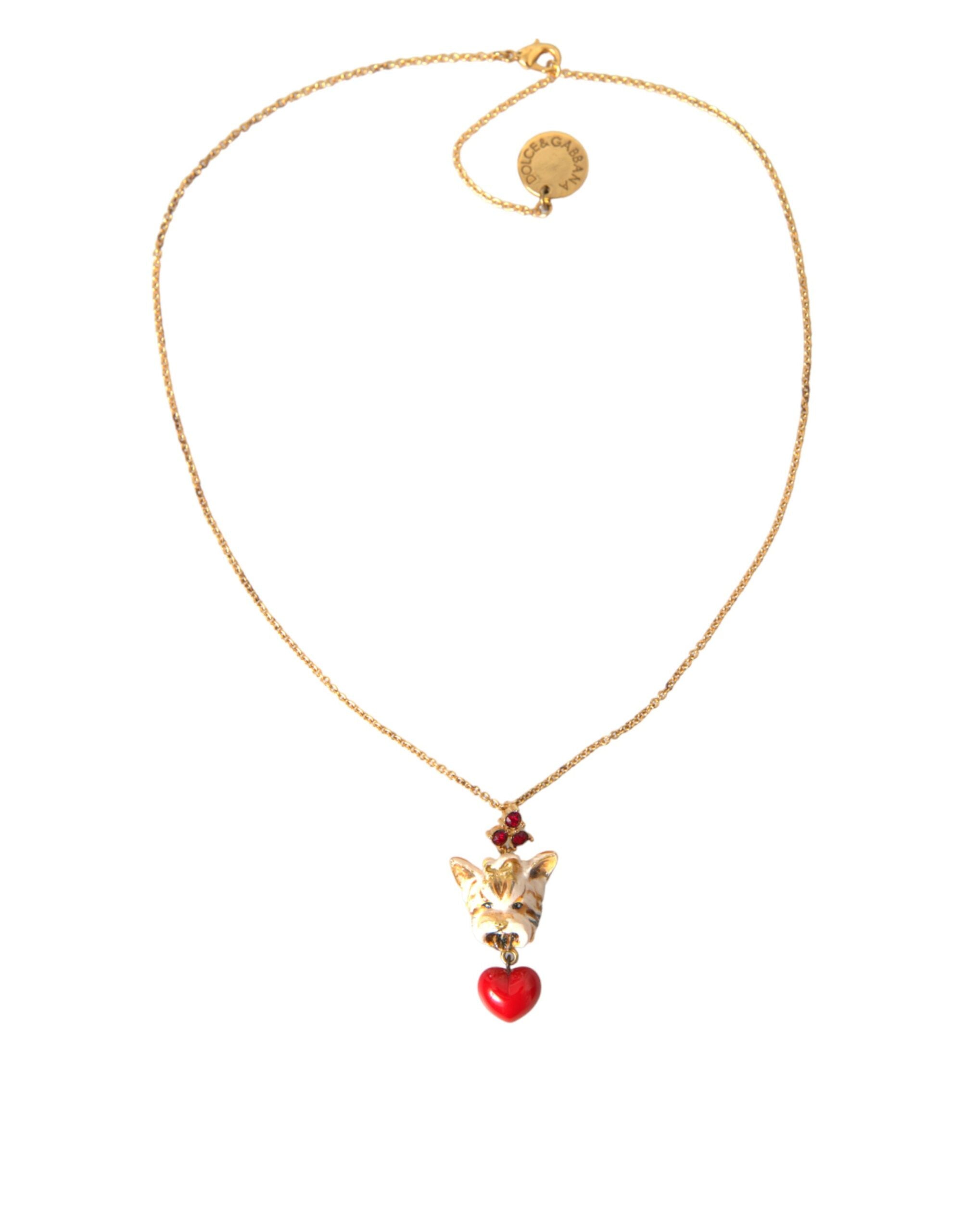 Dolce & Gabbana Gold Brass Chain Dog Heart Pendant Charm Necklace