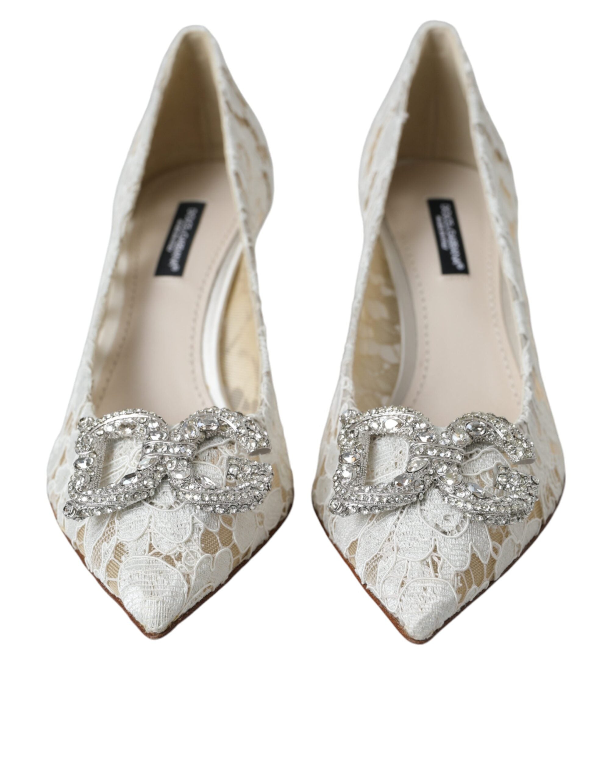 Dolce & Gabbana White Floral Lace DG Crystal Pumps Shoes