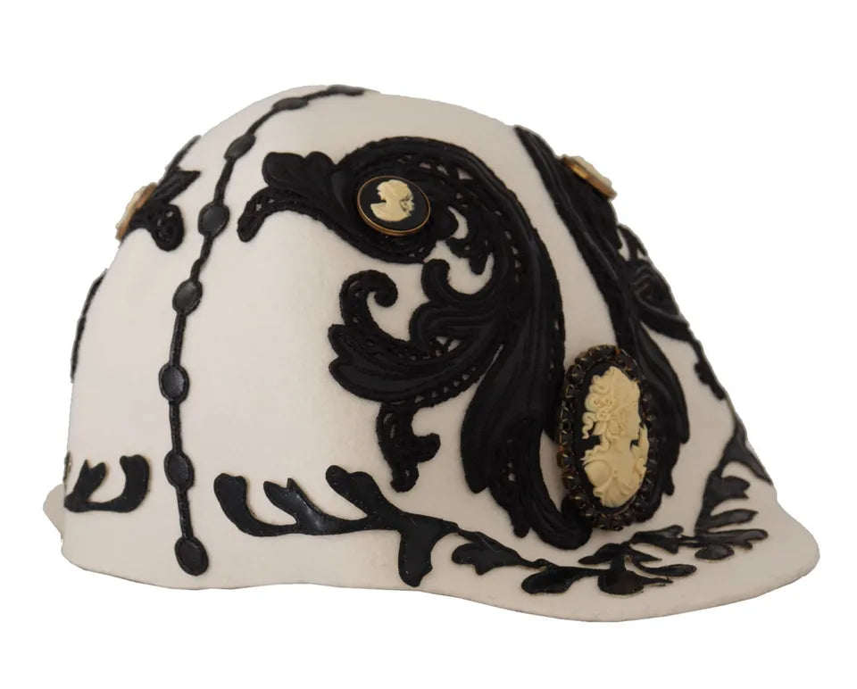 Dolce & Gabbana White Black Wool Embroidered Cameo Brooch Hat