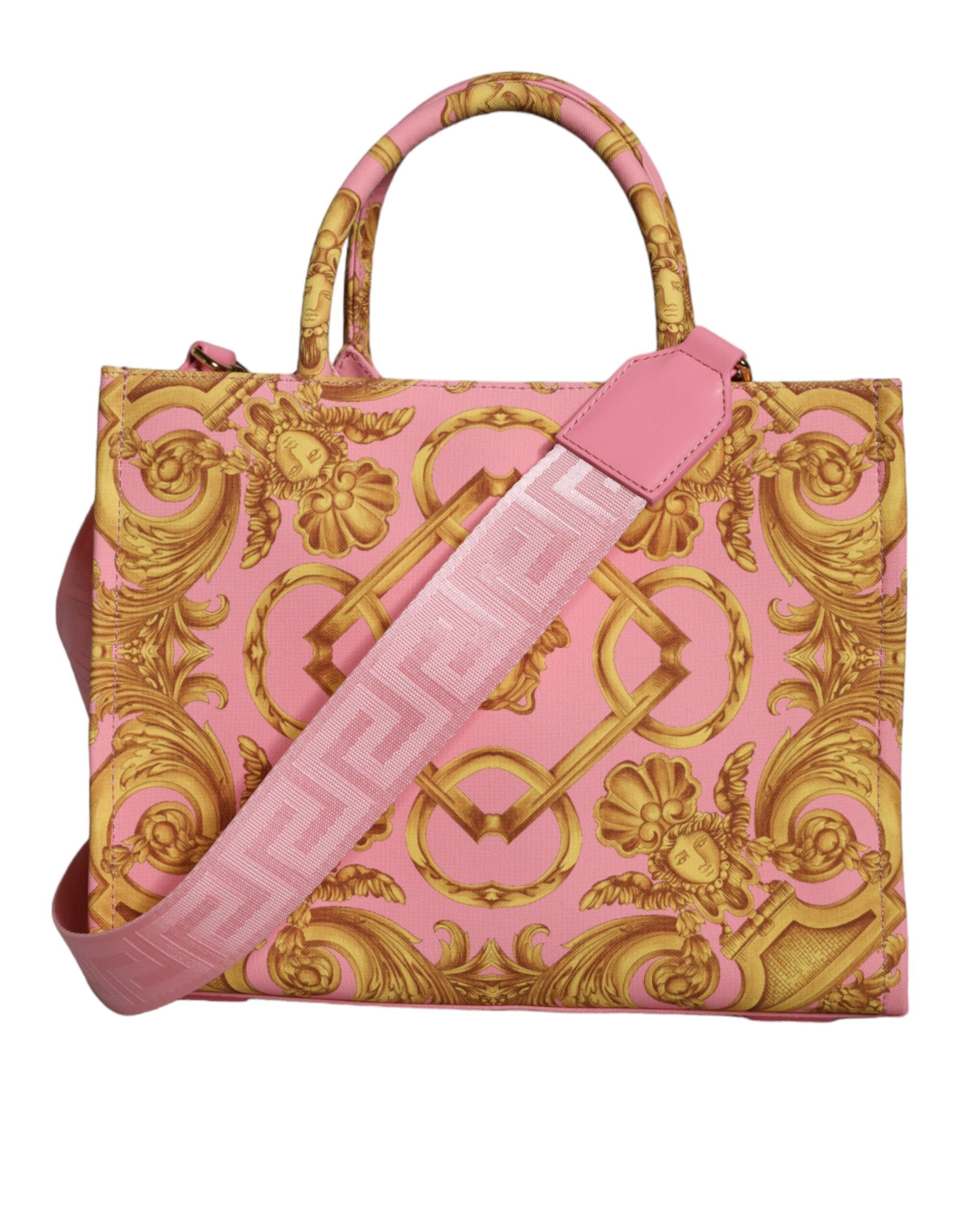 Versace Pink Yellow Baroque Fabric Leather Shopping Tote Bag