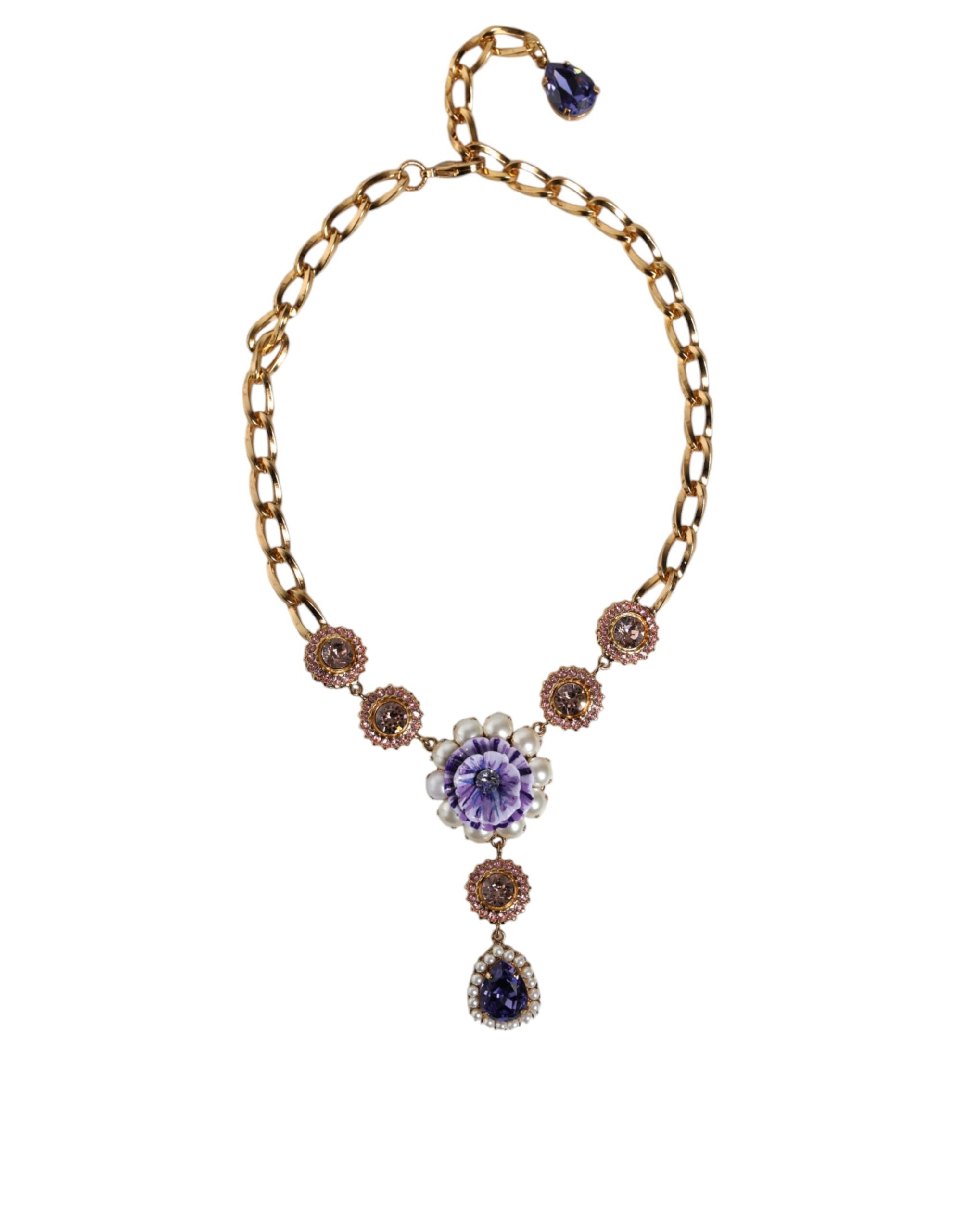 Dolce & Gabbana Gold Brass Crystal Purple Pink Pearl Pendants Necklace