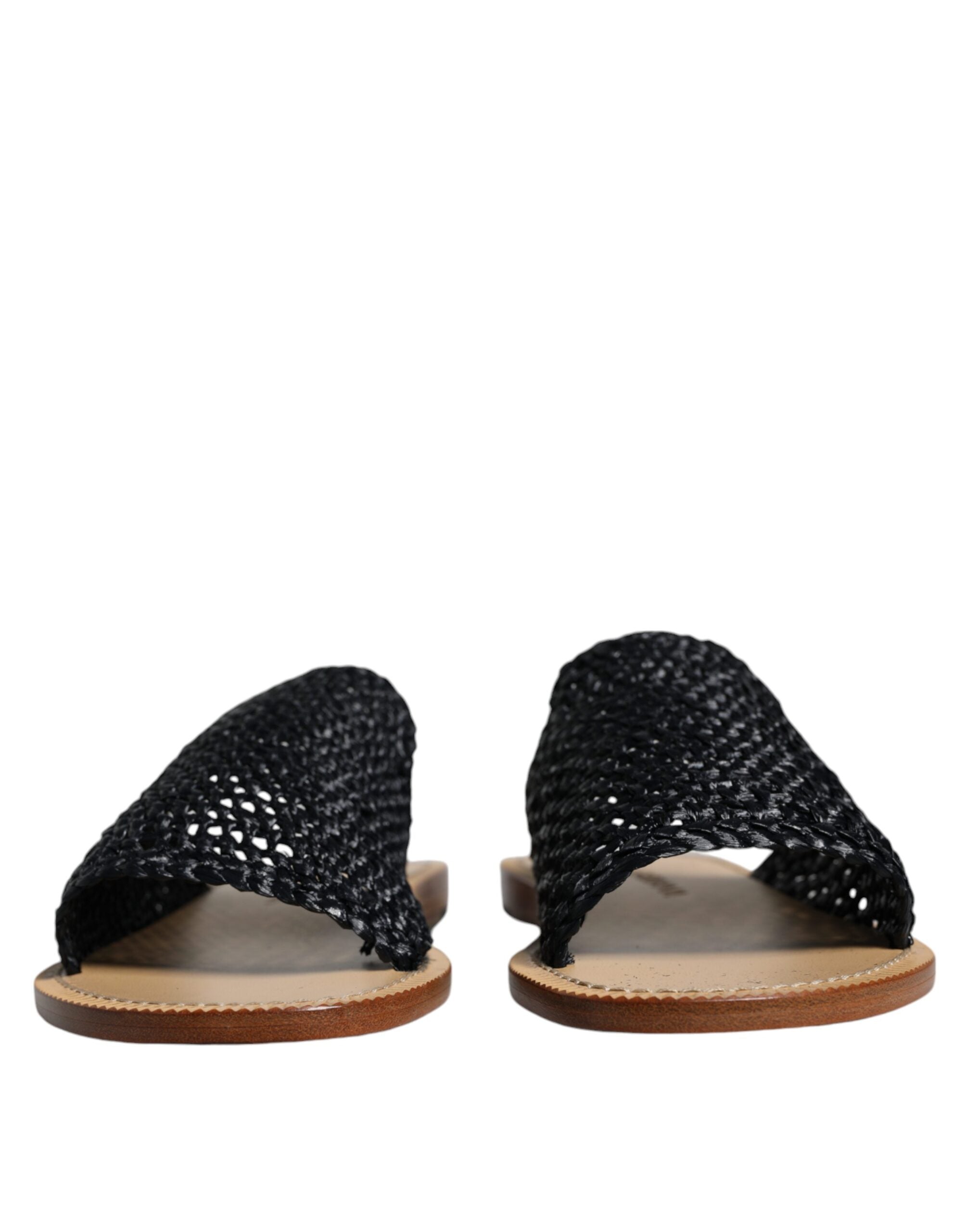 Dolce & Gabbana Black Monochrome Braided Raffia Slides Shoes