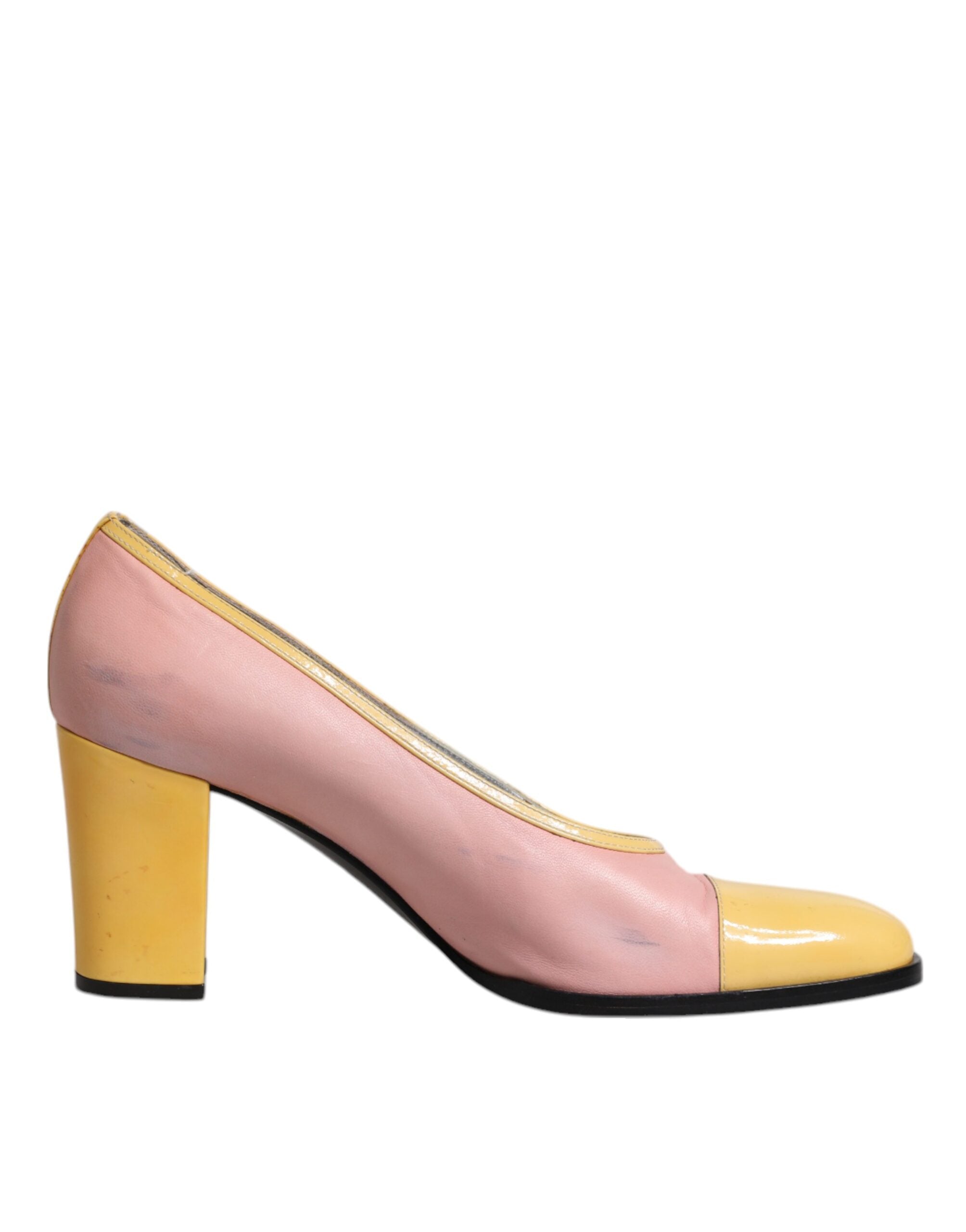 Dolce & Gabbana Pink Yellow Leather Block Heels Pumps Shoes