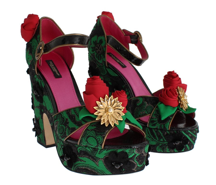 Dolce & Gabbana Green Brocade Snakeskin Roses Crystal Shoes Dolce & Gabbana