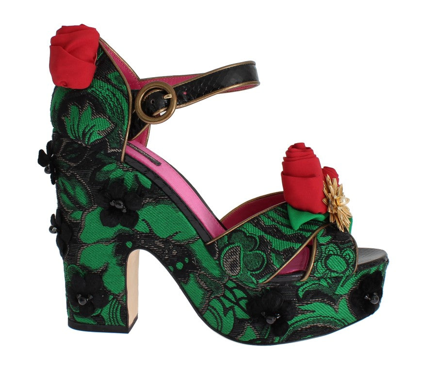 Dolce & Gabbana Green Brocade Snakeskin Roses Crystal Shoes Dolce & Gabbana